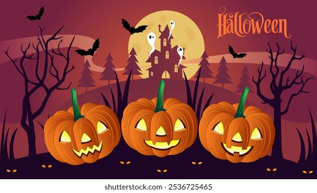  It shows a full moon a haunted house, jack o lanterns bats and the word Halloween in a spooky font The overall atmosphere is dark and eerie perfect for Halloween








