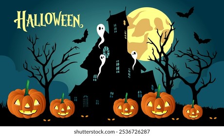 It shows a full moon a haunted house jack o lanterns bats ghosts and the word Halloween in a spooky font The overall atmosphere is dark and eerie perfect for Halloween