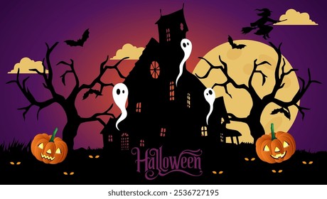  It shows a full moon a haunted house jack o lanterns bats ghosts a witch and the word Halloween in a spooky font The overall atmosphere is dark and eerie perfect for Halloween