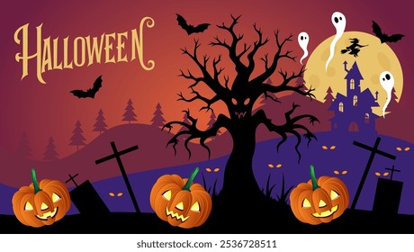  It shows a full moon a haunted house jack o lanterns bats ghosts a witch and the word Halloween in a spooky font The overall atmosphere is dark and eerie perfect for Halloween
