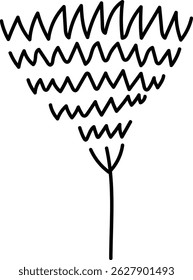 It shows a hand-drawn tree with a unique crown formed by wavy lines.  A sketched plant stands tall with a crown of irregular zigzags on a slender stem. Cartoon vector illustration