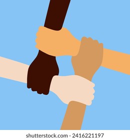Shows the hands of various ethnic groups joining hands, creating a bond of friendship between nations.