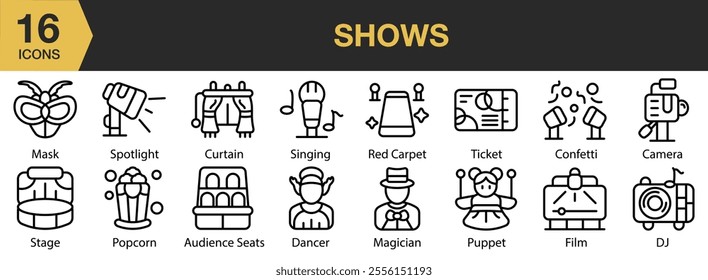 Shows icon set. Includes singing, red carpet, ticket, confetti, magician, dancer, film, dj, and More. Outline icons vector collection.