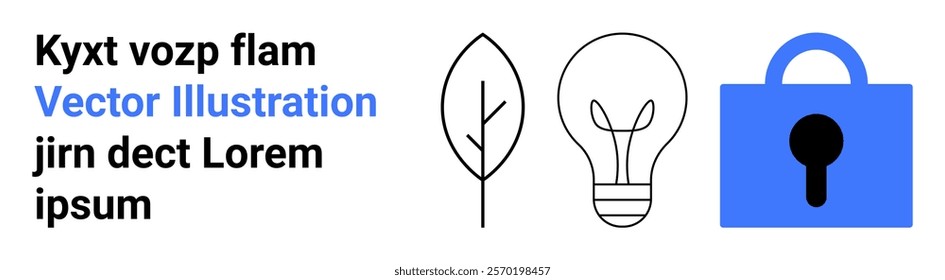 Shows a leaf, lightbulb, and padlock icon alongside placeholder text in black and blue. Ideal for technology, sustainability, security, innovation, and web design. Banner for landing page