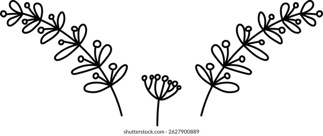It shows a linear floral border pattern with outlined branches and berries.  The image presents a simple line drawing of blooming plant sprigs forming a frame. Cartoon vector illustration