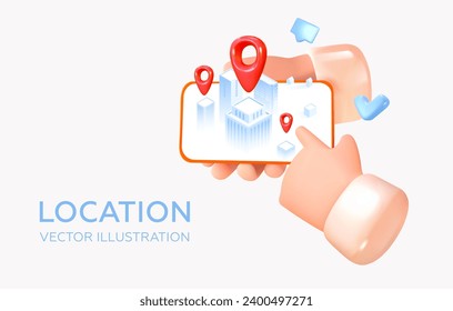 Shows the location in the application on the screen. Mobile phone in hands. Location point in the city. Red pin in 3D style. Vector illustration