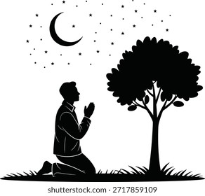 Mostra o homem em oração sob a lua crescente com estrelas silhueta por árvore. Silhueta religiosa. Cena tranquila. Preto e branco sobre fundo transparente.