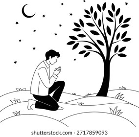 Shows man praying silhouette under crescent moon with stars by tree. Religious illustration. Tranquil scene. Black and white on transparent background.