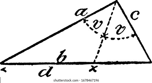 Shows a model of geometric proportions in a triangle that illustrates the following relationship: a:c=d:(b-d), d=(a×b)÷(c+a), v=v, vintage line drawing or engraving illustration.