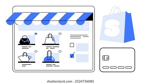 Mostra uma interface de loja online com bolsas com toldo de loja listrado, cartão de crédito e sacola de compras. Ideal para comércio eletrônico, compras on-line, marketing digital, varejo, usuário