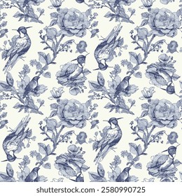 shows a pattern of birds and flowers drawn in shades of blue on a white background