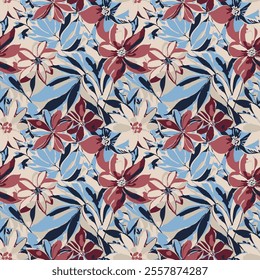 It shows a pattern of large and stylised flowers and leaves. The flowers are predominantly in shades of red, white and blue, while the leaves are designed in various shades of blue and white