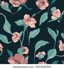 shows a pattern of pink flowers and green leaves on a dark background