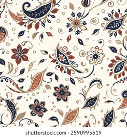 shows a pattern of various floral and leaf patterns on a cream-colored background