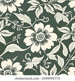 shows a pattern of white flowers and leaves on a dark green background