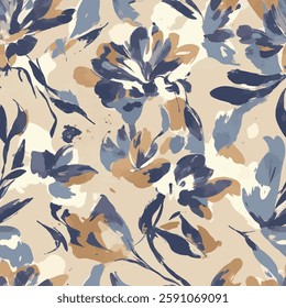 shows a pattern work with abstract floral patterns in blue and brown tones on a beige background