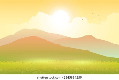 Shows a peaceful landscape with mountains and vast grasslands, forming a serene and inviting scene that captures the tranquility and beauty of nature, cartoon vector in EPS 10 format