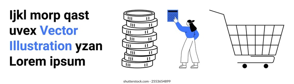 Shows a person holding a box, a stack of coins, and a shopping cart. Ideal for themes related to e-commerce, online shopping, finance, digital marketing, and consumer behavior. Landing page