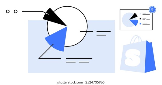 Shows a pie chart with blue segments, a shopping bag with a dollar symbol, and a smaller chart. Ideal for business presentations, financial reports, marketing, retail analytics, and e-commerce