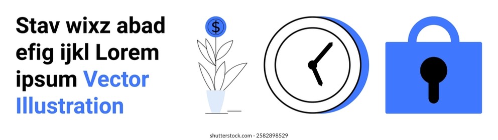 Shows a plant with a dollar sign, a clock, and a lock symbol in blue and black. Ideal for finance, time management, security, growth, and minimalist design. Banner for landing page