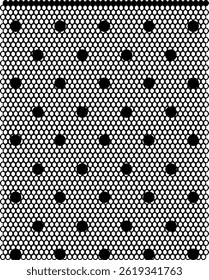 It shows a repeating geometric lace pattern composed of small and large circles. This artwork features a monochrome textile motif with a dotted texture and an abstract design. vector illustration