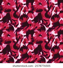 shows a repetitive arrangement of flower-like abstract shapes in shades of red, pink and burgundy