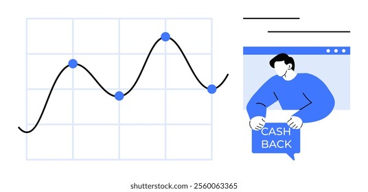 Shows a rising graph with plotted points on the left and a person holding a cashback sign on the right. Ideal for business analytics, marketing strategies, customer engagement, financial planning