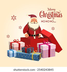  It shows Santa Claus emerging from a gift box surrounded by wrapped presents Snowflakes fall from the sky and the text Merry Christmas and Ho Ho Ho create a festive atmosphere