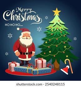 It shows Santa Claus standing next to a decorated Christmas tree wrapped presents a candy cane a Santa hat and snowflakes The text Merry Christmas and Ho Ho Ho create a festive atmosphere


