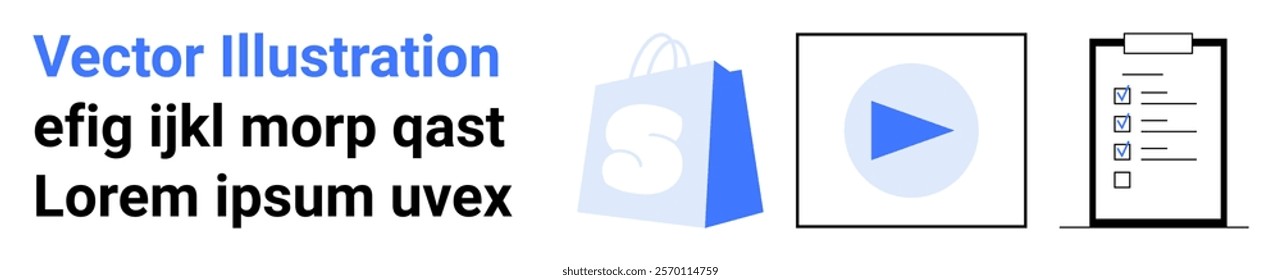 Shows a shopping bag, play button, and checklist clipboard with placeholder text. Ideal for online shopping, e-commerce, multimedia services, task management, and digital content. Landing page