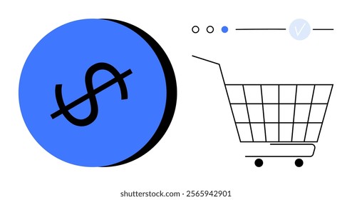 Shows shopping cart and dollar sign in blue circle. Ideal for e-commerce, online shopping, finance, budgeting, and marketing. Simple, modern style