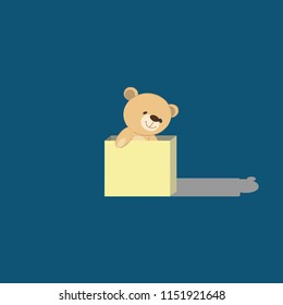 Shows a small teddy bear in the box