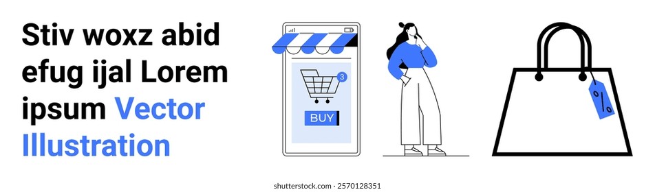 Shows a smartphone with an online store app interface and a shopper standing next to a shopping bag. Ideal for e-commerce, online shopping, digital marketing, mobile apps, consumer behavior. Banner