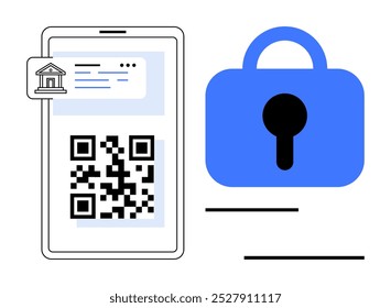 Shows a smartphone screen with a QR code and a bank icon. Next to it is a blue lock. Ideal for digital security, online banking, mobile payments, data protection, fintech. Modern and simplistic style