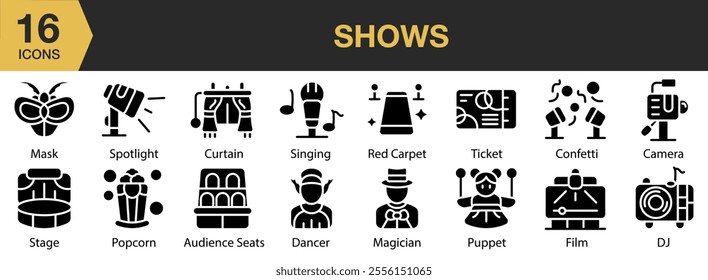 Shows solid icon set. Includes singing, red carpet, ticket, confetti, magician, dancer, film, dj, and More. Solid icons vector collection.