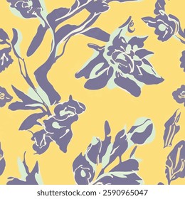 shows stylized floral patterns in shades of blue and green on a yellow background