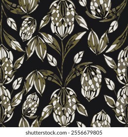 shows stylized floral patterns in white and green tones on a black background