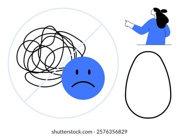 Shows a tangled black line with a sad face, a crossed-out circle, a blue figure pointing, and an empty outlined egg-like shape. Ideal for mental clarity, guidance, problem-solving, simplicity