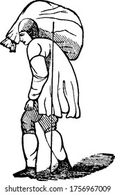 Shows that when a person carrying a weight upon his back stoop forward to bring the center of gravity of his body and the load over his feet, vintage line drawing or engraving illustration.
