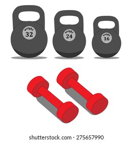 It shows three gray weights  and red dumbbell