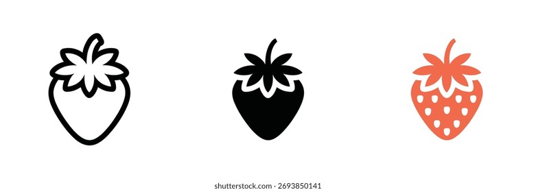 Muestra tres fresas, una blanca con contorno negro, una silueta negra y una naranja sólida con semillas blancas sobre un fondo blanco.