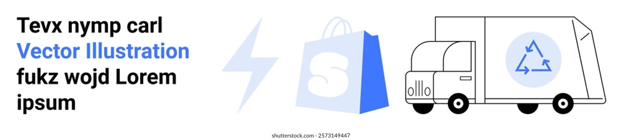 Shows a truck with recycling symbol, online shopping bag, electric bolt and dummy text. Ideal for e-commerce, delivery services, sustainability promotions, eco-friendly initiatives, and electric