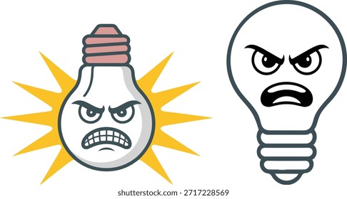 Muestra dos bombillas enojadas con mal de ojo y rayos eléctricos agudos contra un fondo transparente que representan el desacuerdo, la frustración y la tensión del antagonismo.