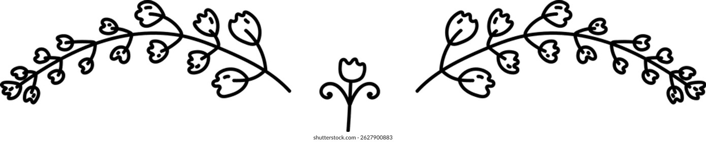 It shows two curving floral branches with small blossoms and leaves in a minimalist style. Cartoon vector illustration