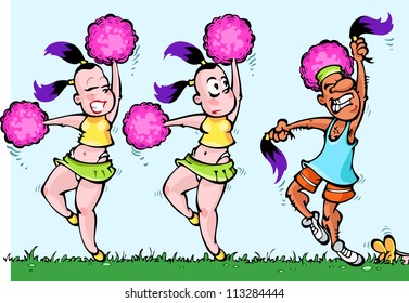  Shows two dancing Cheerleaders girls with pink pom-pon in arms. One of girls surprise looks on sport guy, who dancing with hair-tales in in his arms. Guy hair shape is like of girls pom-pons.