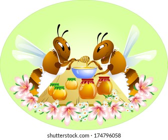 Shows two funny bees in cartoon style. They are engaged in canning jars of honey in the table. Achieved on a background of pink flowers.