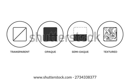 Shows type of surface material like transparent, opaque, semi-opaque, textured. Editable vector icon symbol design simple style.