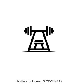 Shows weight lifting bench icon with barbell symbol. Design shows a weight bench on a transparent backdrop in black color.