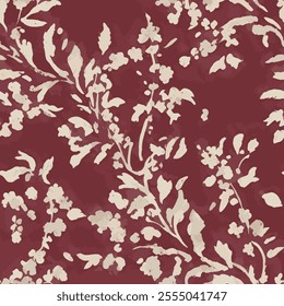 shows white floral patterns on a red background. an elegant and natural motif with flowers, various leaves and branches