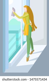 It shows a woman washing windows. She could be an employee of a cleaning company or housewife. Used cartoon style.